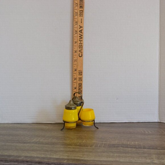 Vtg Yellow Glass Condiment Set in Metal Stand - Picture 4 of 11